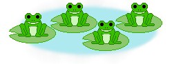 きれいな水の上に並んだ4匹のかえるのイラスト