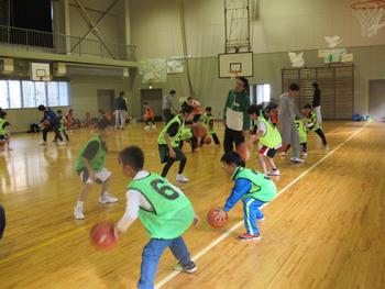 体育館で、緑のゼッケンをつけてバスケットボールを手にドリブルの練習をしている子供達と、コーチ数名の写真