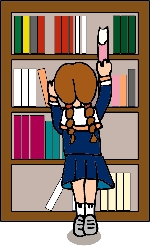 本棚の高いところにある本を取っている女子生徒のイラスト