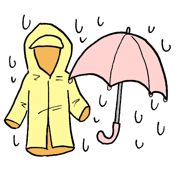黄色のレインコートとピンク色の傘の周りに雨が降っているイラスト