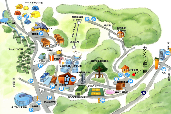 あずま屋の隣のカタクリ群生地を赤点で示した、夜越山森林公園のマップ