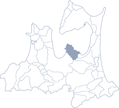 青森県平内町の地図。平内町は青森県の中央部に位置する町である。平内町が紺色で塗りつぶされている。